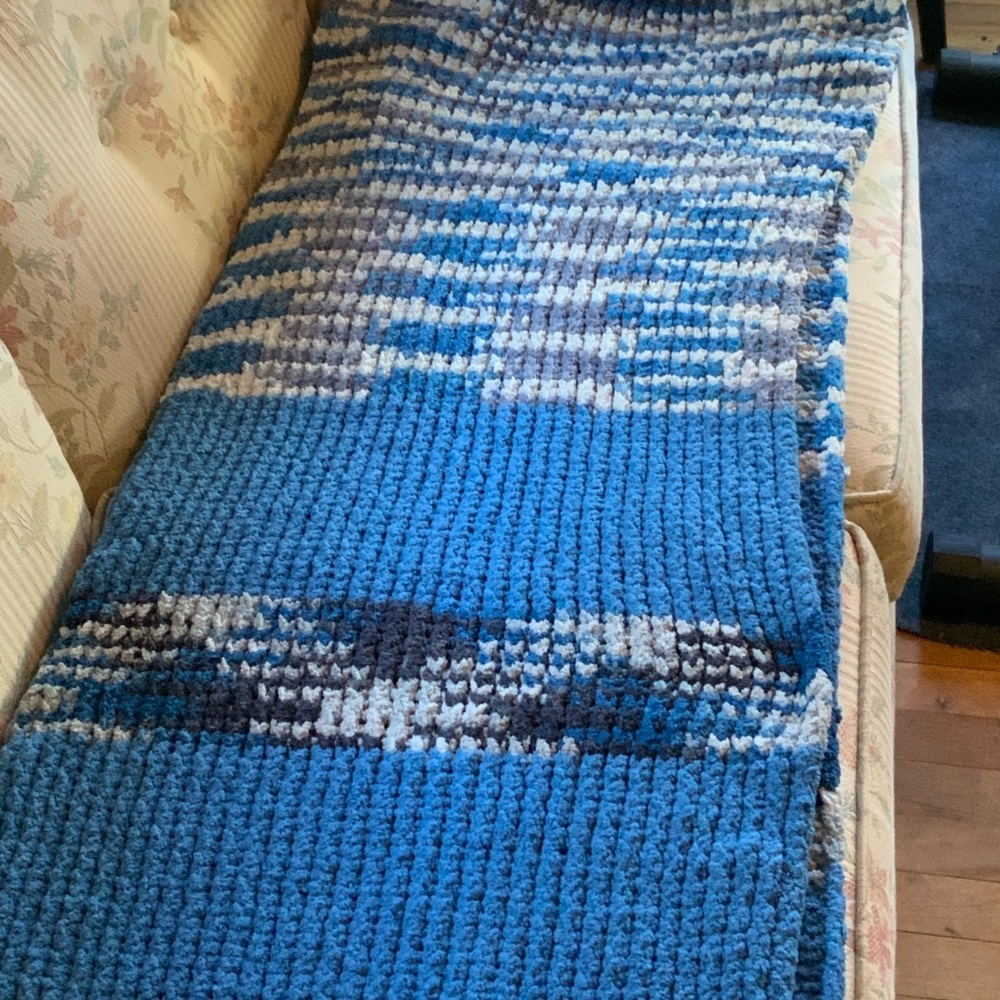 Handmade loom knit blue grey blanket/throw by my wife measures 60 x 40